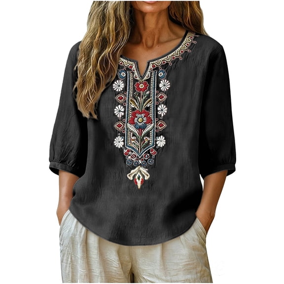 Womens Embroidered Tops 3/4 Length Sleeve Womens Tops V Neck Pull On Gauze Shirts Cotton linen Peasant Blouses Women Dressy Casual Shirts