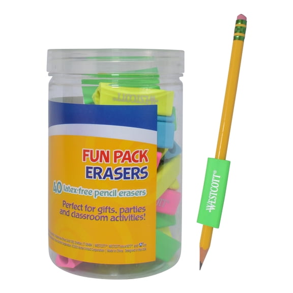 Westcott Erasers Fun Pack, Assorted Colors, 40 Count