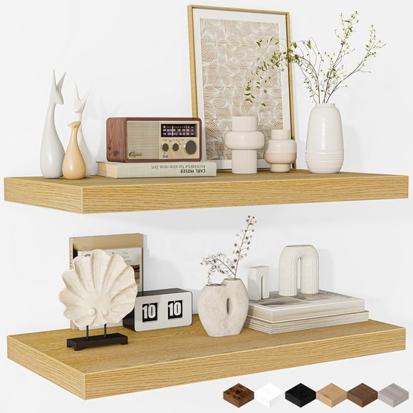 Floating Shelves - 2 Pack 12 Inch Deep Rustic Wooden Wall Shelves - Extra Deeper & Thicker Wall Mounted Storage Shelf for Living Room, Kitchen, Farmhouse - 24" W x 12" D x 1.5" H - Oak
