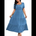 thumbnail image 1 of Vestido Holgado con Cuello Cuadrado y Volantes para Mujer, Informal, con Espalda Fruncida, Sin Mangas, para Playa y Sol. Azul Mar L, 1 of 9