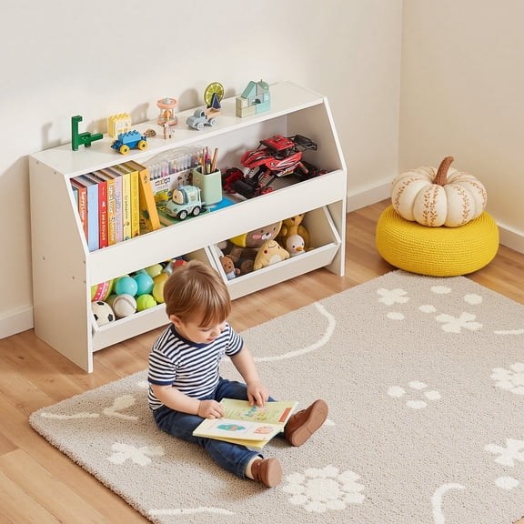White Wooden Kids Storage Organizer, Toy Cabinet with 2 Rolling Drawers, Bookshelf and Toy Storage for Living Room Entryway Bedroom