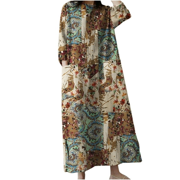 IROINNID Long Sleeve Dress for Women Fall Dress Full-Length Shift Dress Round-Neck Length Sleeve with Pocket Printed Dresses,Khaki