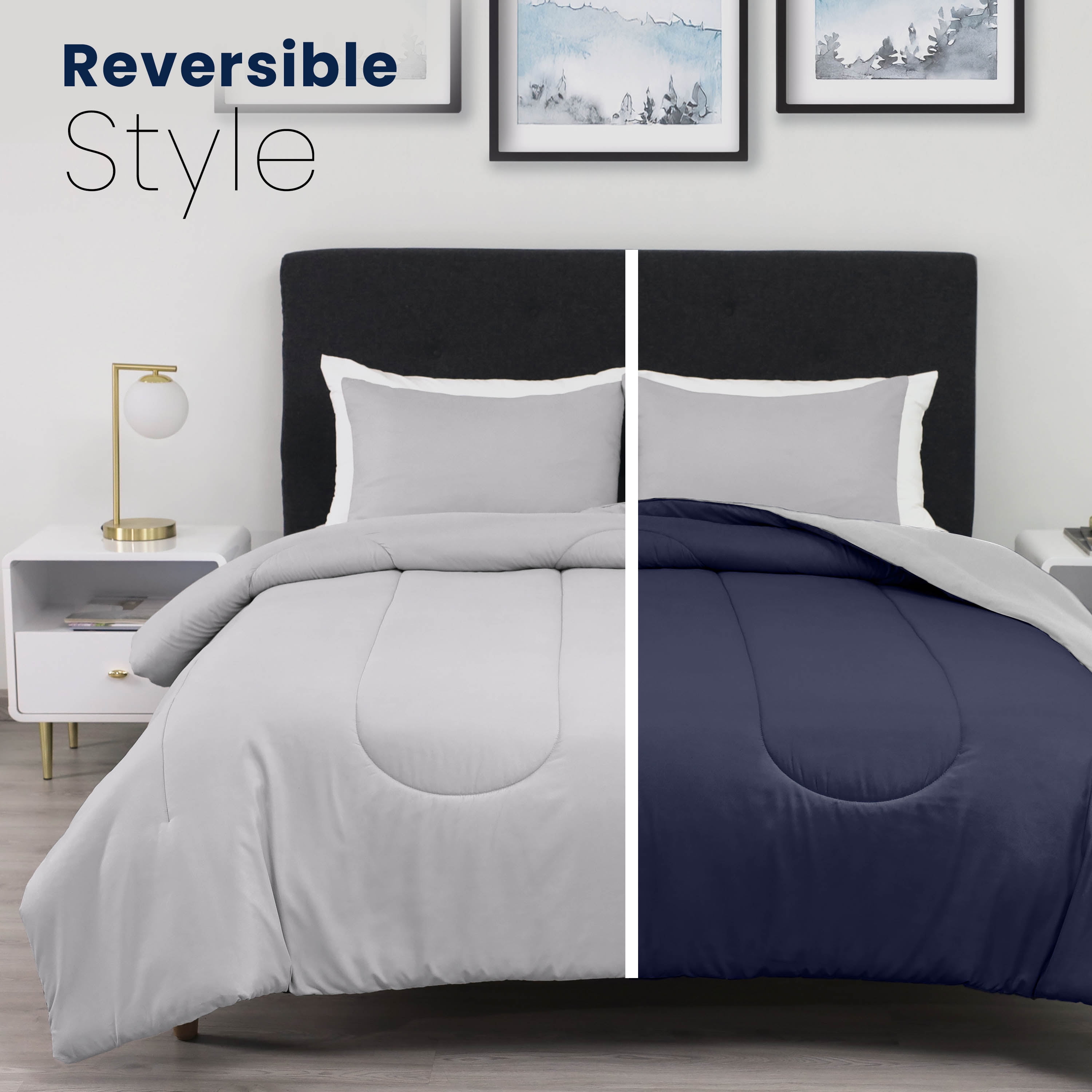 Martex 2-Piece Twin Reversible Comforter Set | Super Soft Lightweight | Light Grey/Navy
