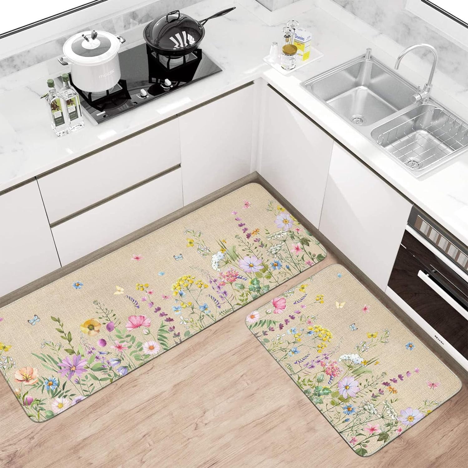 Spring Summer Farmhouse Kitchen Rugs and Mats Set of 2,Watercolor Flower Floral Kitchen Mat,Non Slip Washable Kitchen Floor Sink Mats Decorations for Home Kitchen 18"x48"+18"x30"
