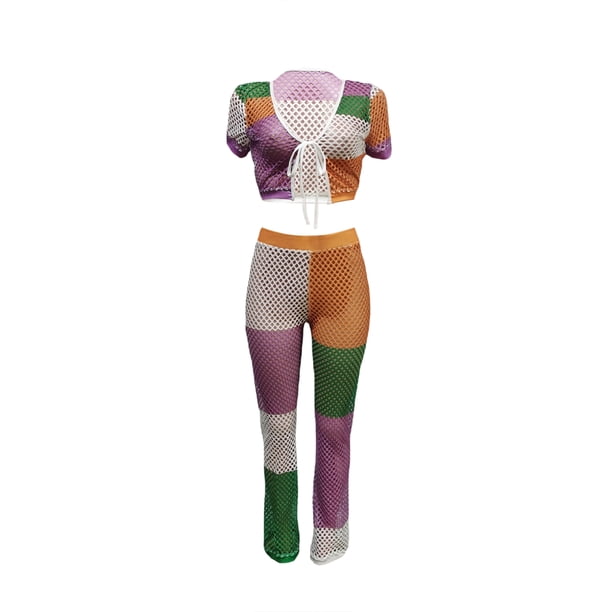 VISgogo, camisetas y pantalones de manga corta tejidos para mujer, ropa de verano con vendaje frontal en la cintura elástica a juego de colores VISgogo moda
