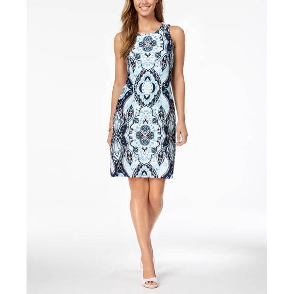 Charter Club Petite Printed Sheath Dress Blue Chiffon PXL