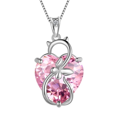 Juwaliy Women Cat Necklace Heart October Birthstone 925 Sterling Silver Pendant Pink Tourmaline Butterfly Jewelry Mother Birthday Valentine's Day Gift