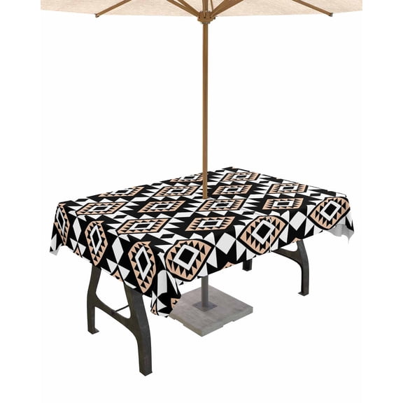 Hokiten Outdoor Tablecloths with Umbrella Hole & Zipper, Black Brown Boho Geometric 60 x102 Inch Rectangle Tablecloths, Southwest Aztec Motifs Waterproof Table Cloth, Patio/Pool/Picnic Table Covers