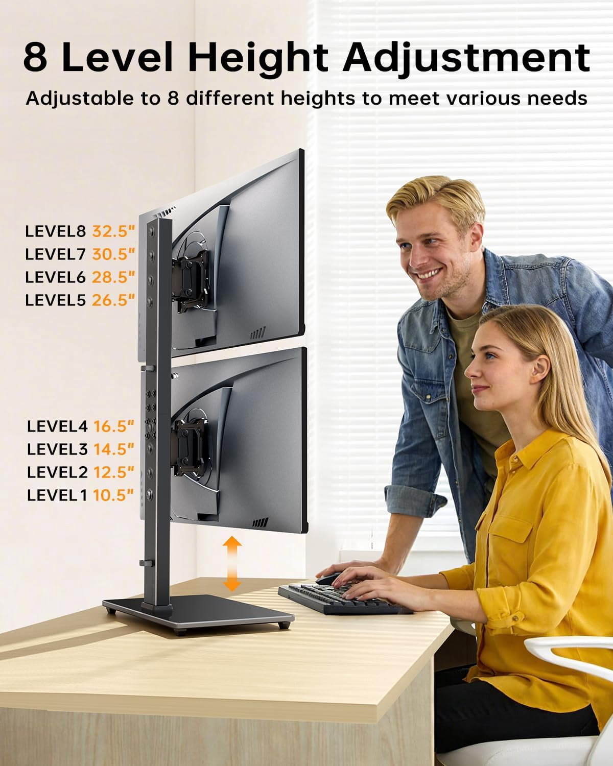 Dual Monitor Stand FreeStanding Desk Riser for 13-32 inch Screens with Swivel Tilt Rotation 4 Height Options Holds  to 77lbs VESA 75x75/100x100mm