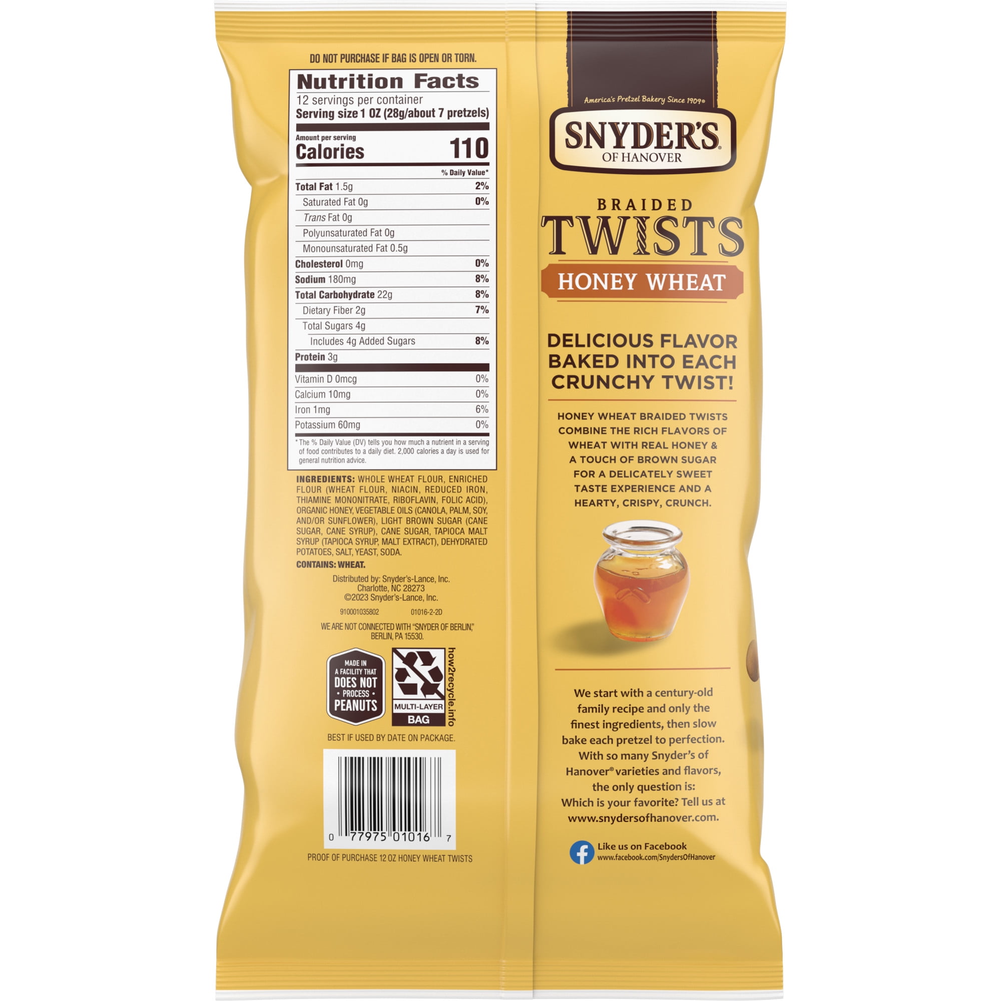 (3 pack) Snyder's of Hanover Pretzels, Braided Pretzel Twists Honey Wheat, 12 oz