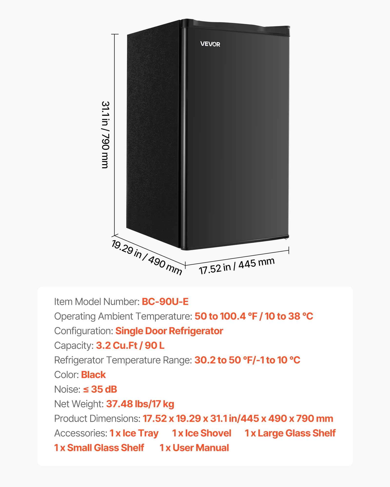 VEVOR Mini Fridge, 3.2 Cu.Ft, Single Door Compact Refrigerator, Adjustable Temperature, Glass Shelf, Energy Efficient Small Refrigerator, Reversible Door, Low Noise, for Bedroom Dorm Office, Black