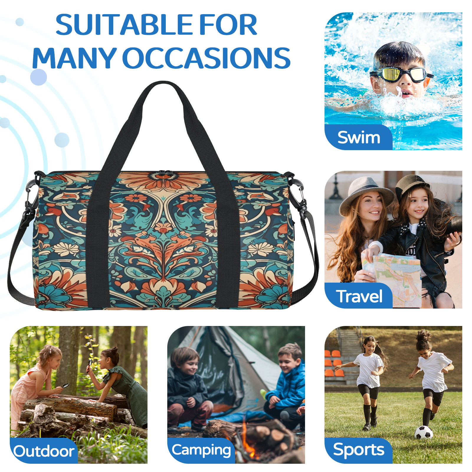 Herdesigns Bohemia Floral Gym Bag for Women, Duffle Bag for Travel Sport, Boho Vintage Lightweight Waterproof Carry on Weekender Dance Yoga Workout Bags