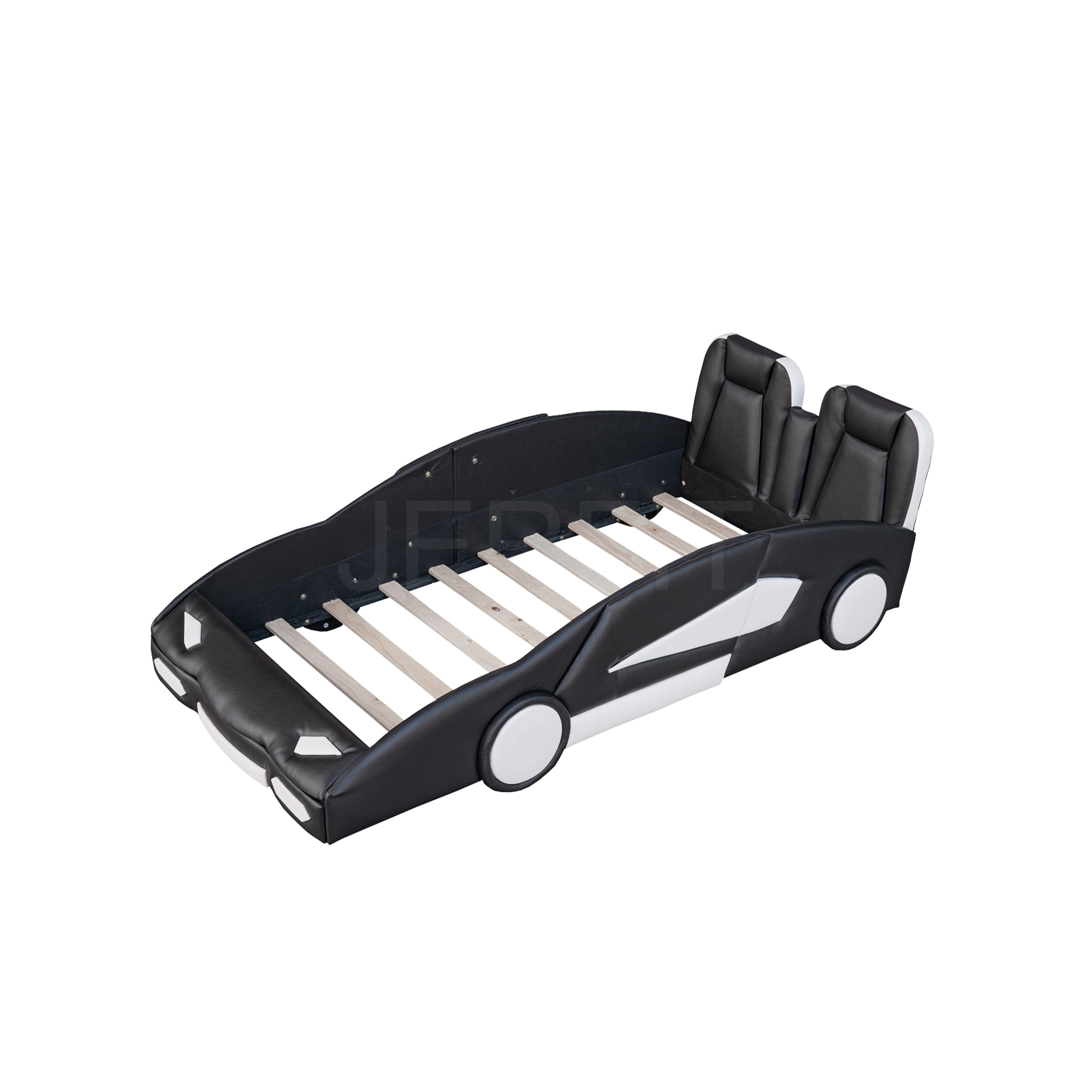 JERFIT Twin Size Race Car Platform Bed with Wheels, Black, Pine Wood Frame, No Box Spring Needed