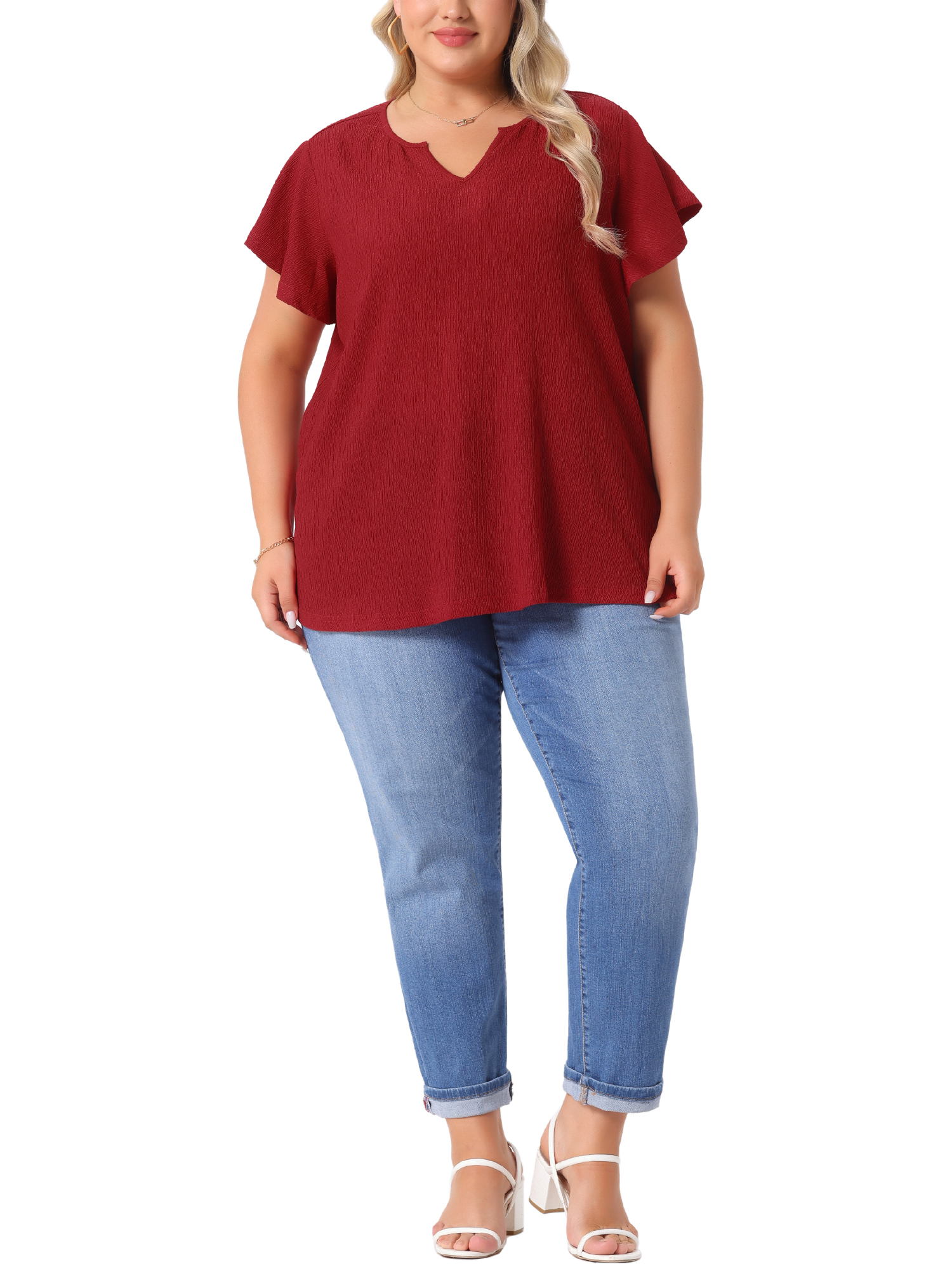 DARING DIVA Women's Plus Tops V Neck Ruffle T Shirt Blouses 2X Red