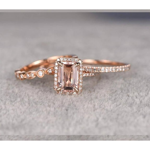 2.75 Carat 7x5mm Emerald Cut Morganite Ring with Diamond Moissanites with One Engagement Ring and 2 Wedding Bands with 18k Gold Plating