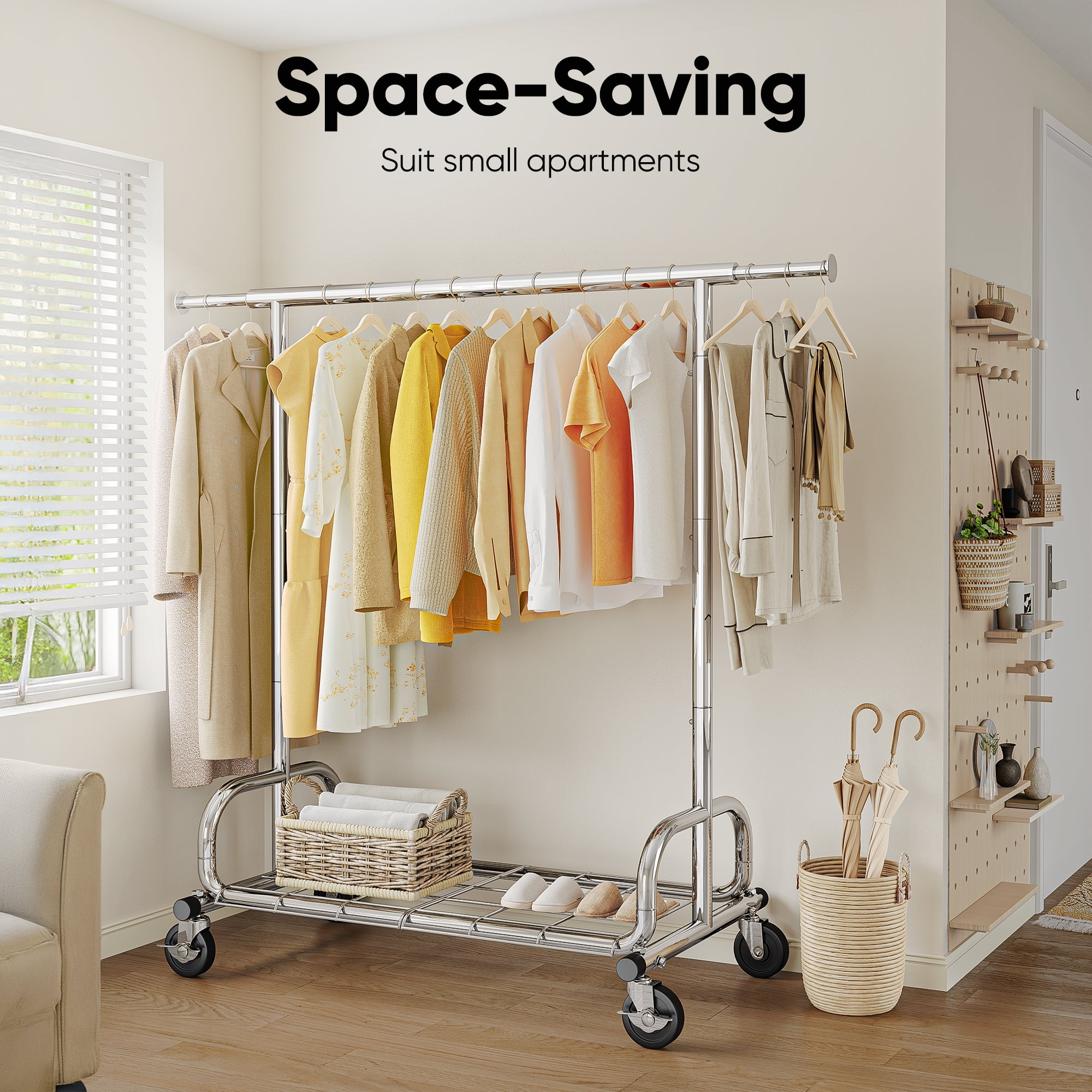 HOKEEPER Heavy Duty Clothing Rack with Shelves 300 lbs Capacity, Commercial Grade Rolling Garment Rack with Wheels, Compact Steel Clothes Rack for Small Spaces, Silver