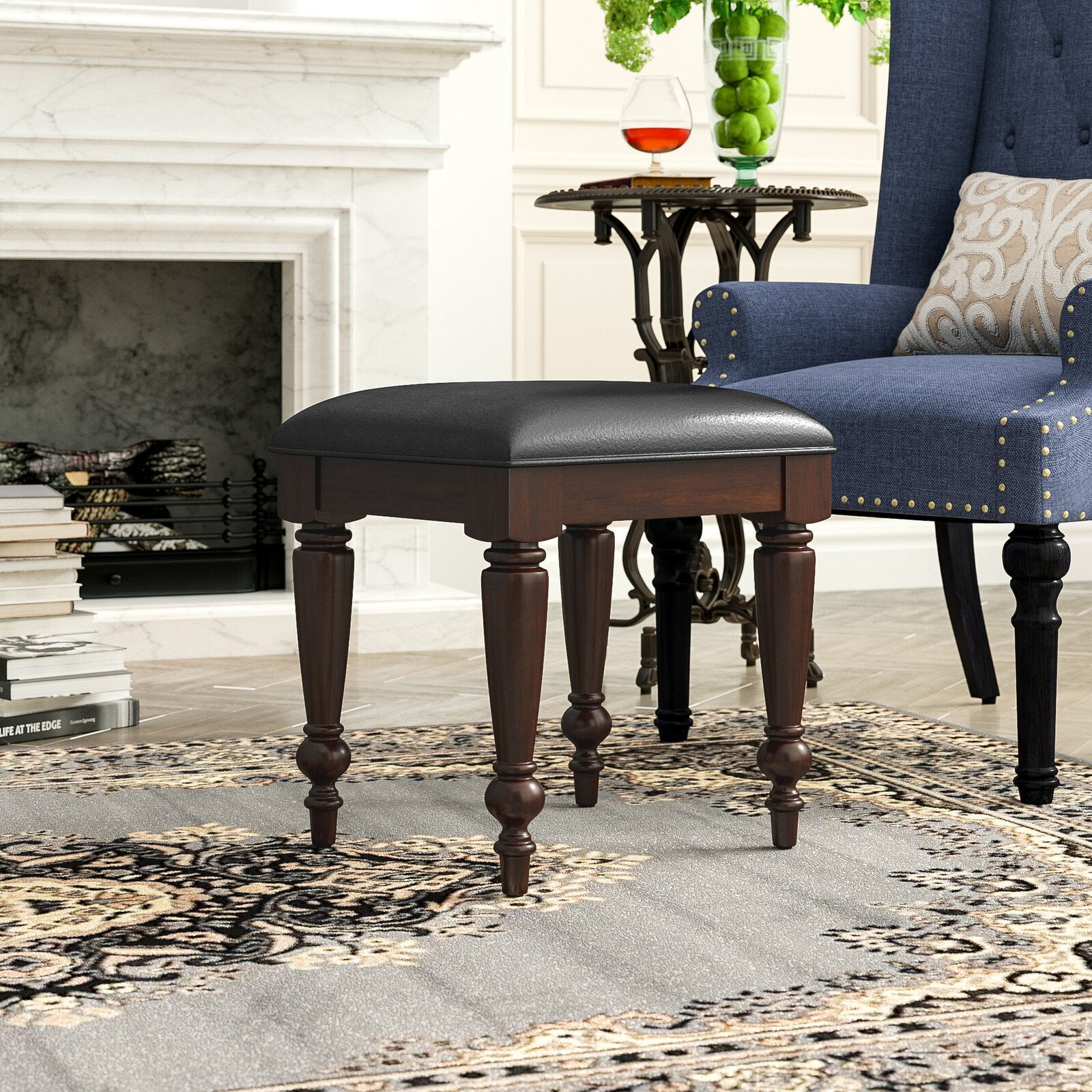 Curran Vanity Stool, Spindle legs, a profileedged top and curved