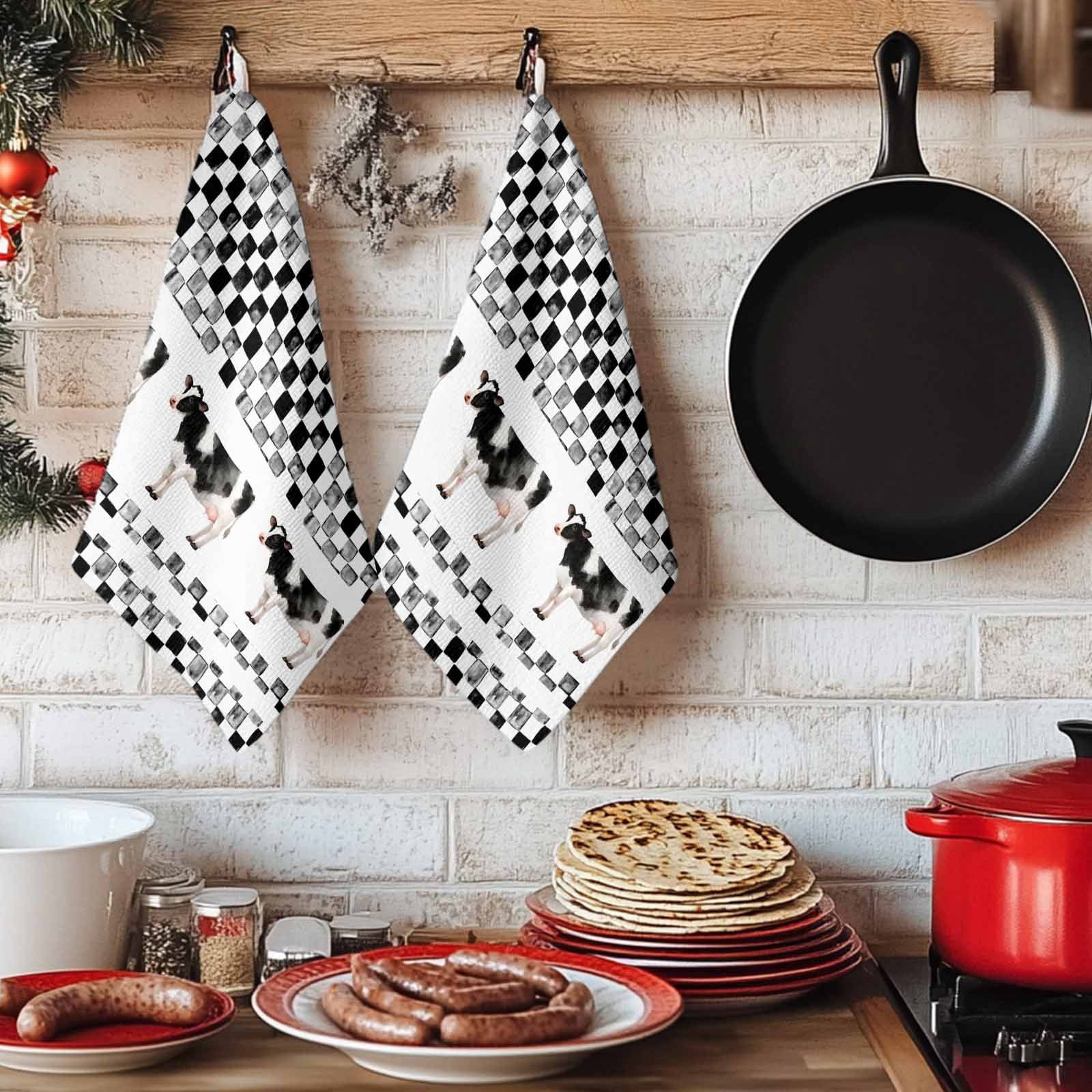 Black Plaid Farmhouse Kitchen Towels Set of 1, Watercolor Cute Country Cow Checkered Absorbent Dish Towels for Kitchen, Microfiber Hand Towel, Quick Drying Tea Towel for Cleaning Dishcloths