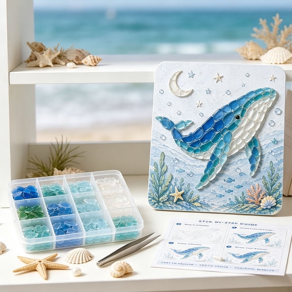 Sea Glass Art DIY Kit with 8 Beach Designs, Craft Set with Canvas Board Tweezers Wooden Easel, Nautical Home Decor Handmade Gift, Beginner Friendly