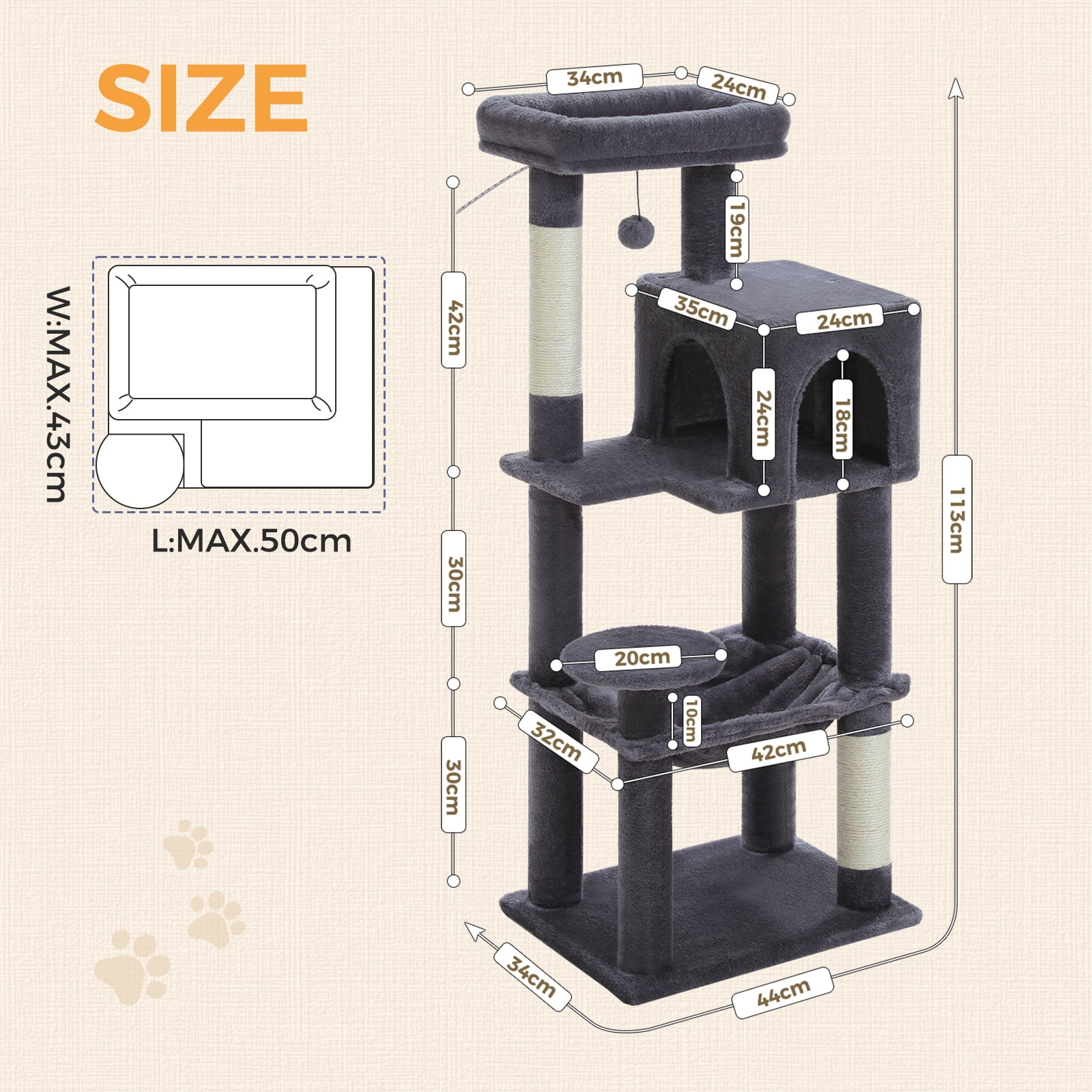 Pefilos 44" Cat Tree Tower for Indoor Cats, 5-Level Cat Condo with Large Hammock, Big Top Perch and 4 Sisal Covered Scratching Pos, Dark Gray