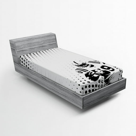 Sports Fitted Sheet, American Football Character Running Passing Gridiron Goal Dotted Art Graphic Design, Soft Decorative Fabric Bedding, Twin Size, Black White, by Ambesonne