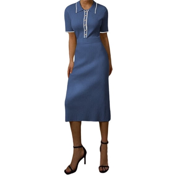 Women'S Spring Ribbed Maxi Dress Summer V Neck Button Short Sleeve Slim Fit Bodycon Knit Sweater Dresses Blue One size