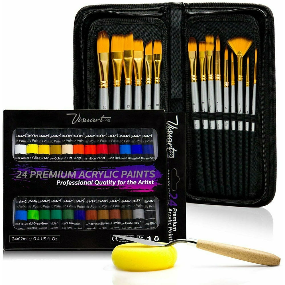 Acrylic Paint Brush Set With 15 Premium Artist Brushes And Bonus 24 Color