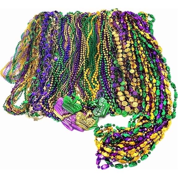 4E's Novelty Mardi Gras Bead Assortment (100 Pcs), Purple Green Gold, Metallic Necklaces