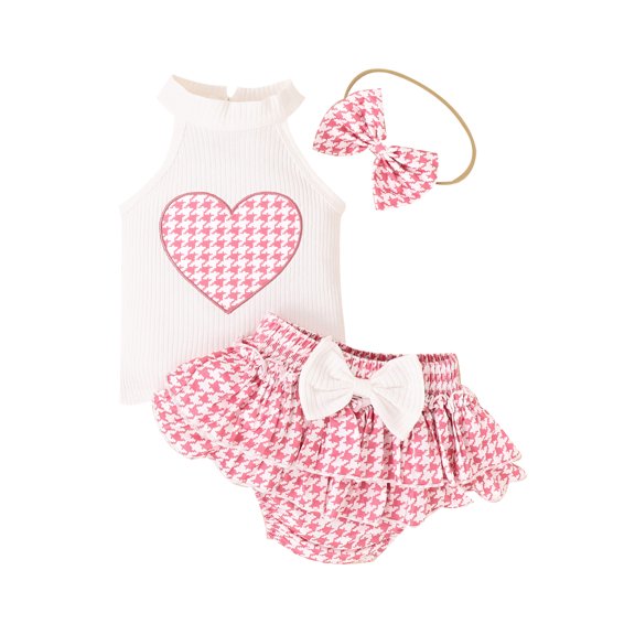LMLYSoH Baby Girl 3Pcs Summer Outfits, Sleeveless Heart Embroidery Tank Tops Shorts Headband Set Infant Clothes
