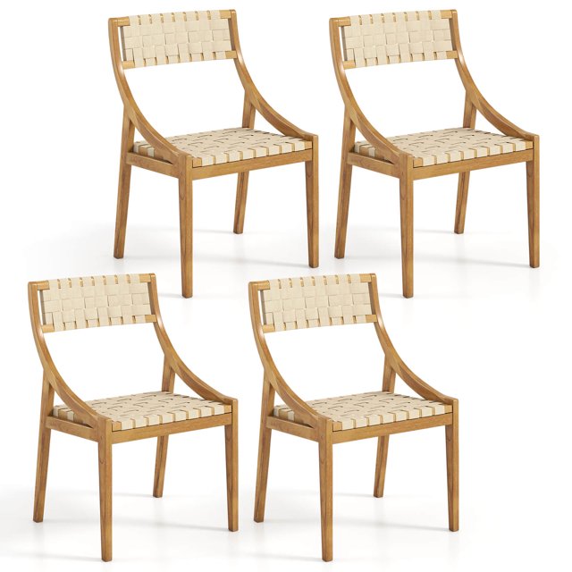 Costway 4 PCS Outdoor Dining Chair Teak Wood Armless Patio Chair with Webbing Seat & Backrest