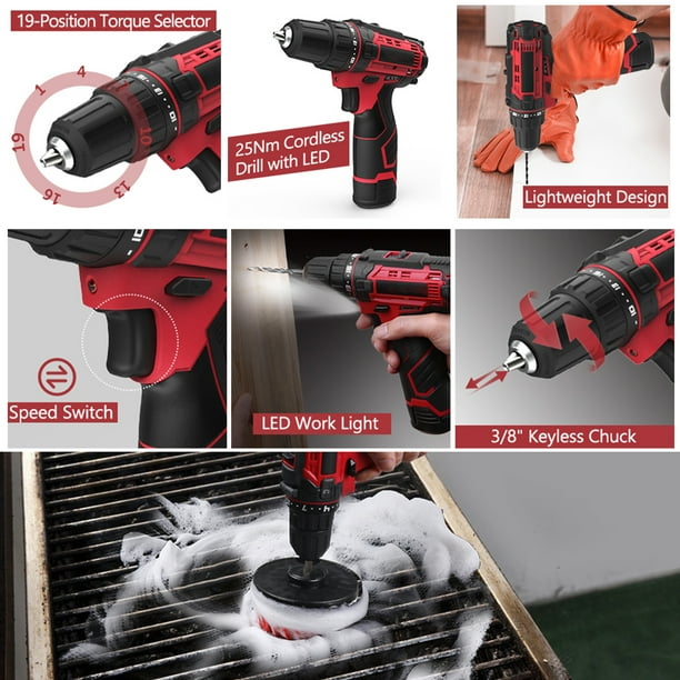 12V Cordless Drill Driver Kit with 50PCS Electric Drill Brushes