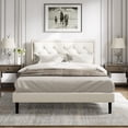 thumbnail image 3 of Unizone King Size Bed Frame with Velvet Button Tufted Headboard, Modern Upholstered Platform Bed, No Box Spring Needed, Easy Assembly, Noise Free, Beige, 3 of 9