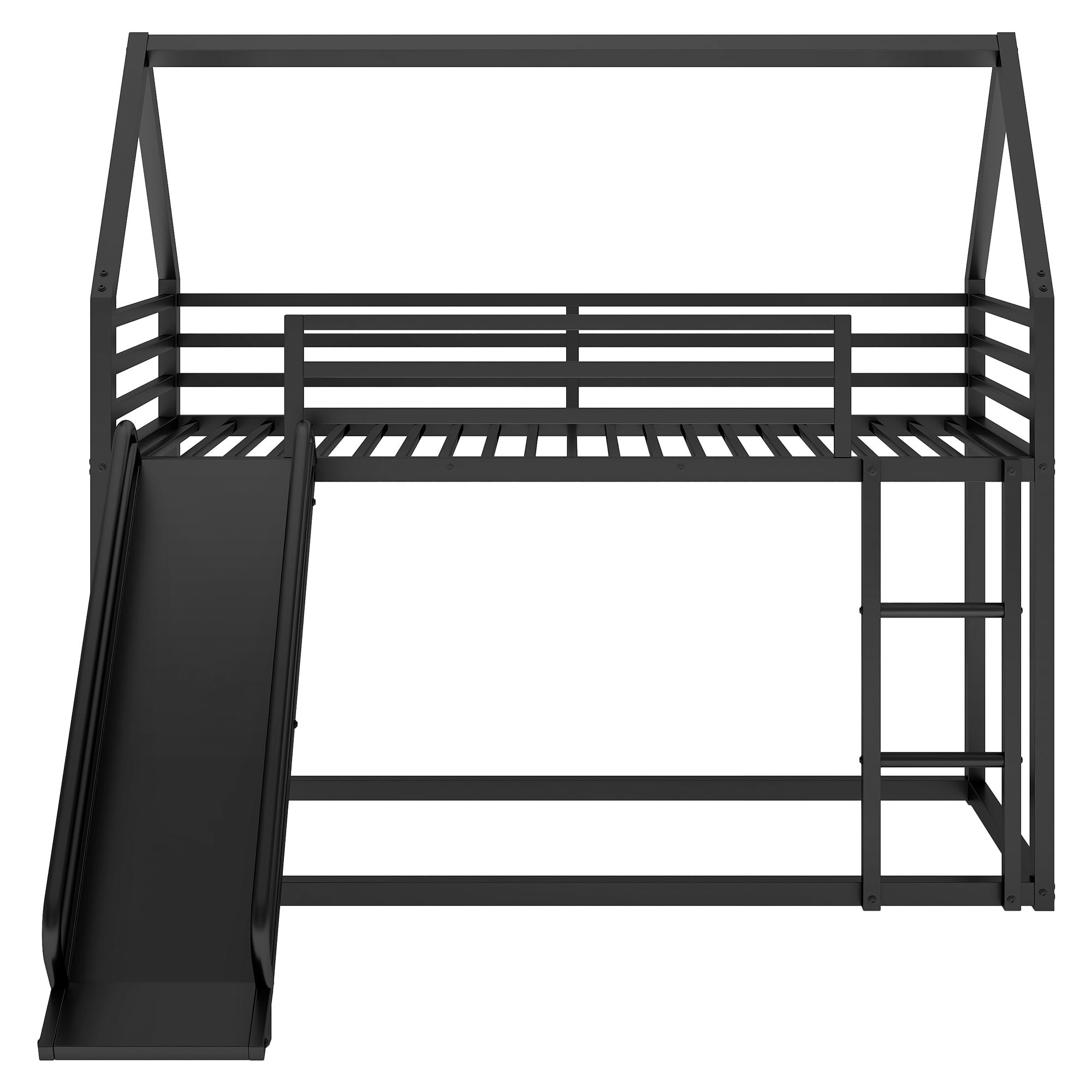Euroco Twin over Twin House Bunk Bed with Ladder and Slide for Kids Teens Bedroom, Black