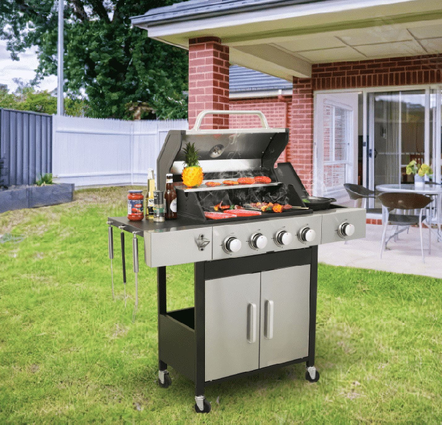 4-Burner Propane Gas BBQ Grill with Side Burner, 46,790 BTU Output, Enameled Cast Iron Cooking Grids & Stainless Steel Warming Rack, Outdoor Barbecue Grill for Backyard, Patio, and Camping