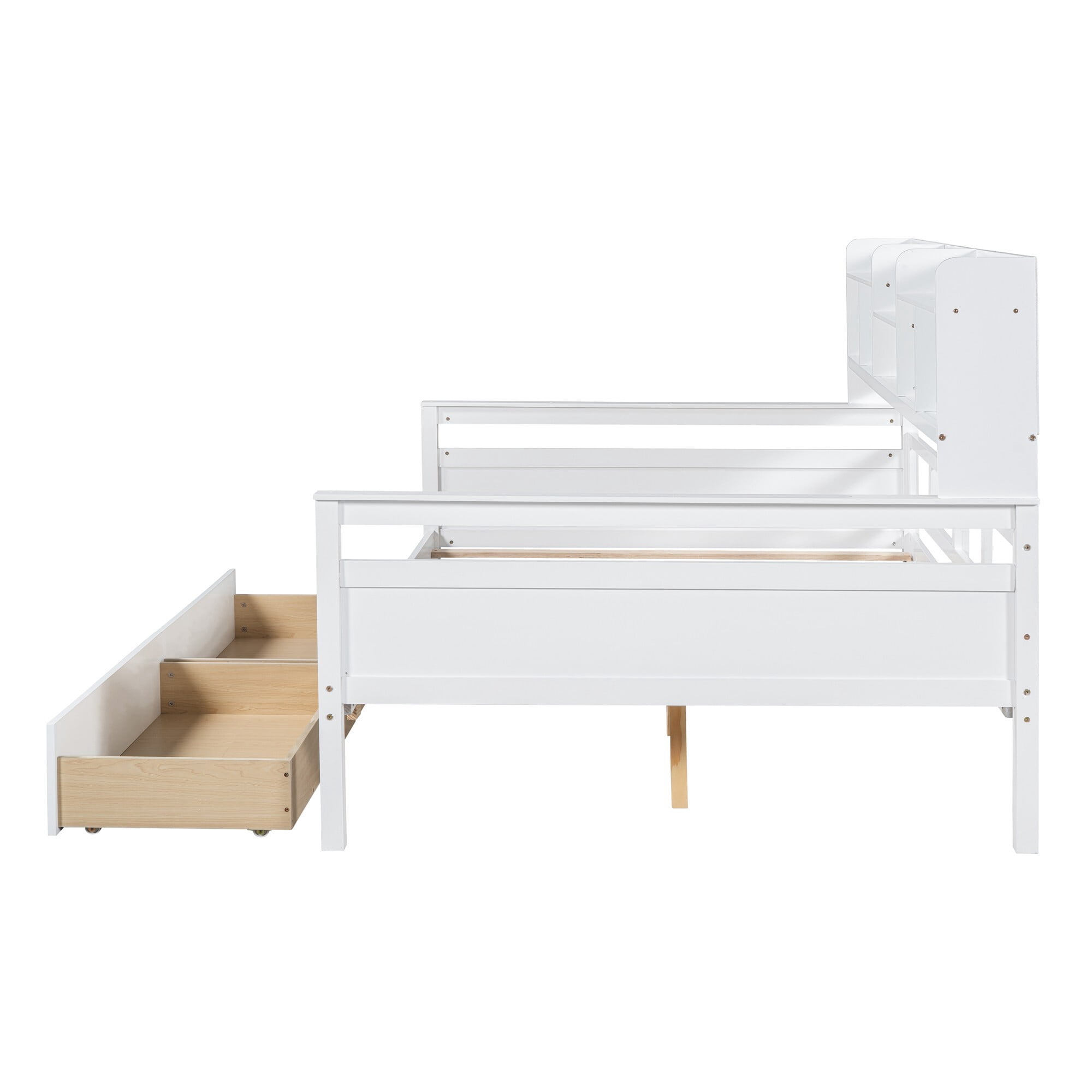 AENKYO Full Size Wooden Daybed Bed Frame with 2 Storage Drawers and Headboard Shelf, Solid Wood Sofa Bed, White