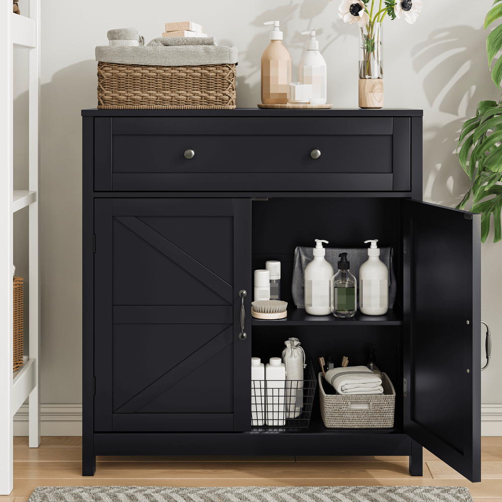 Oufan Farmhouse Storage Cabinet with Drawer and 2 Doors, Adjustable Shelf Freestanding Kitchen Pantry Cabinet, Modern Coffee Bar Console Cabinet for Kitchen,Living Room,Bedroom, Black