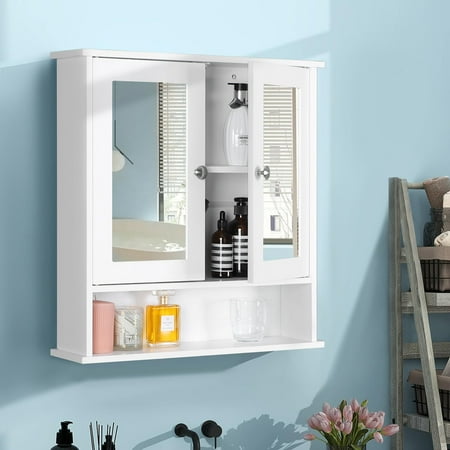 S&W Wall Mounted Bathroom Cabinet Medicine Cabinet with Double Mirror Doors - White