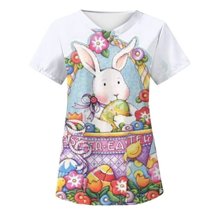 

Happy Easter Bunny Rabbit Graphic Funny Easter Day Women Scrubs Top Nurses Clothing Workwear Working Uniform T-Shirt Girls Short Sleeve Leisure T-Shirt