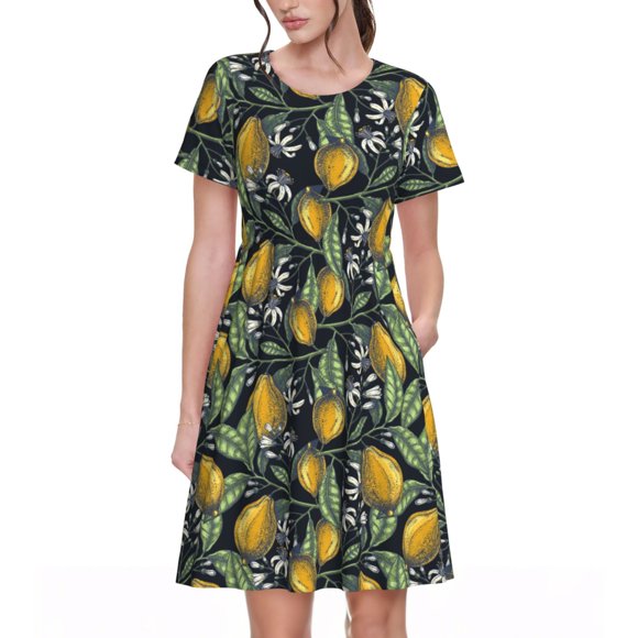 Vsdgher Agrumes Citrons Élégants pour Femmes Été 2025 Décontracté Robes Midi Maxi Légères Manches Courtes Col Rond Robe de Plage