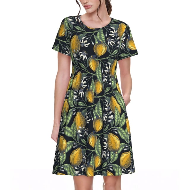 Vsdgher Agrumes Citrons Élégants pour Femmes Été 2025 Décontracté Robes Midi Maxi Légères Manches Courtes Col Rond Robe de Plage