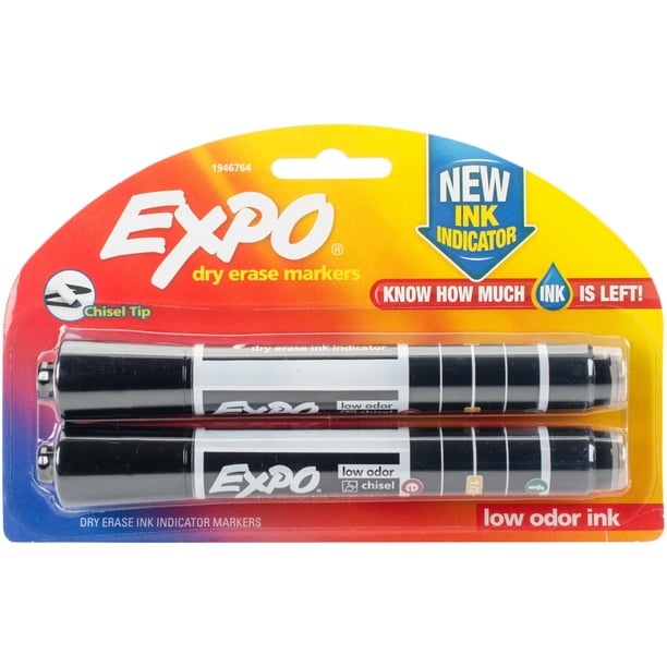 EXPO Dry Erase Markers with Ink Indicator, Chisel Tip, Black, Pack of 2