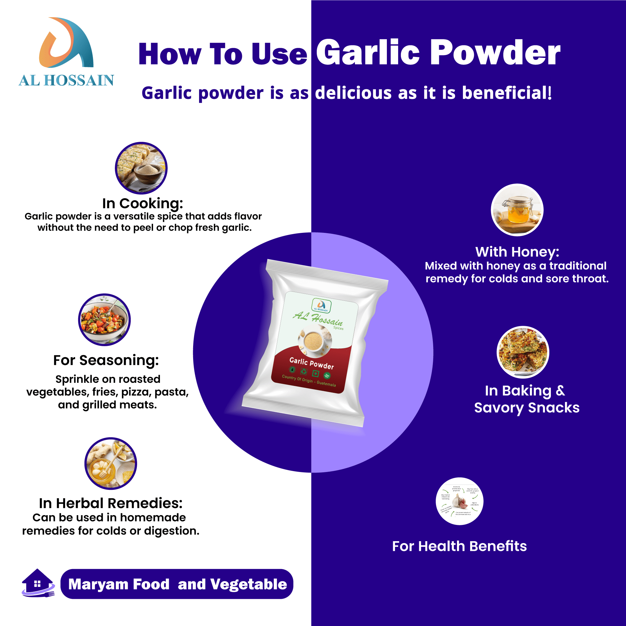 Al Hossain Indian Natural Garlic Powder bulk 11 LBS/ 5kg (176 oz). Gluten-Free. Garlic powder seasoning. Bold Flavor & Natural Aroma for Cooking.
