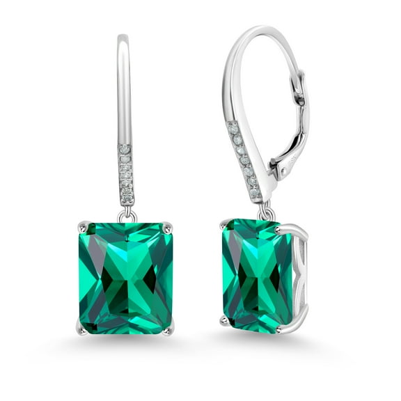 Gem Stone King 925 Sterling Silver Green Nano Emerald and White Diamond Dangle Earrings for Women (11.06 Cttw, Emerald Cut 12X10MM)