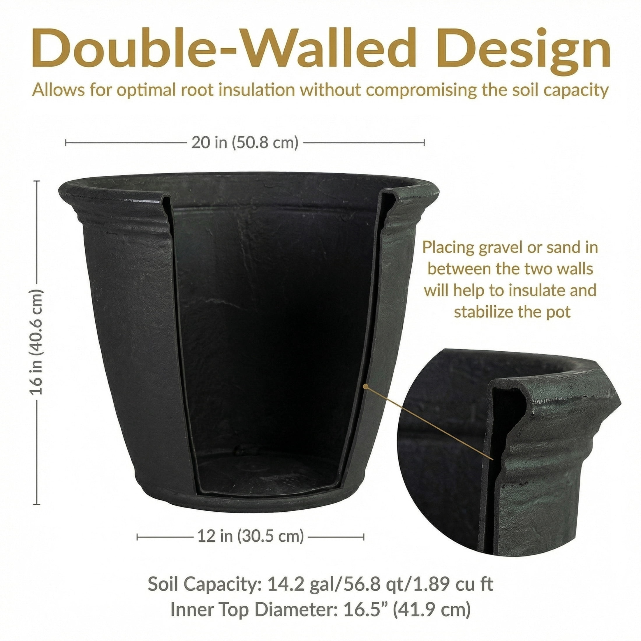 Sunnydaze Anjelica 20" x 20" x 16" Round Matte Black Polyresin Outdoor Planter Pot