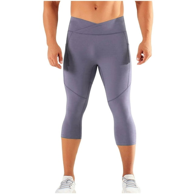 Men's Quick Dry Compression Capri Pants, High Waist Butt Lifting Elastic Athletic Running Gym Workout Base Layer Tights,Purple,XXL