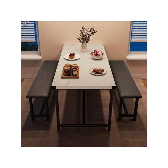 Vintage rectangular dining mesa set para 4 con 2 forrado benches - ideal para para small spaces like apartments, studios, y offices