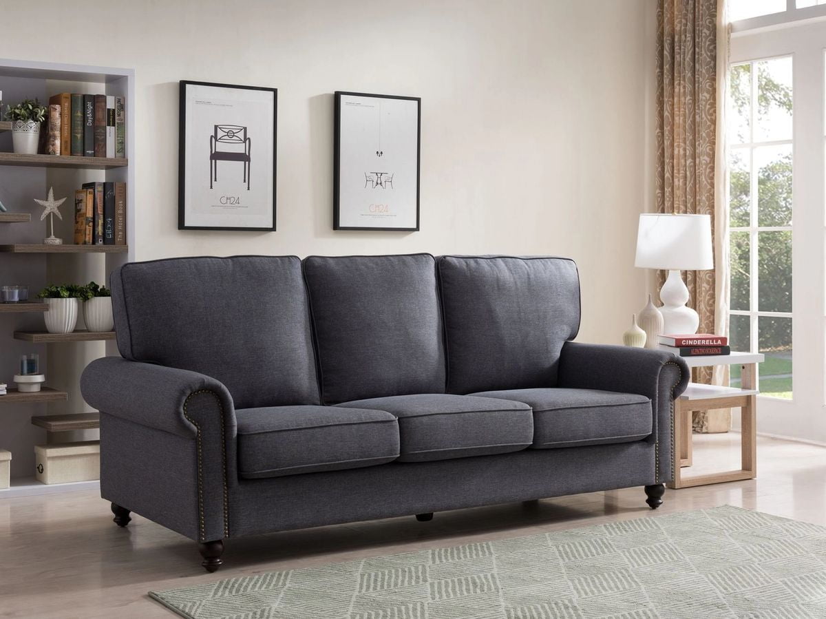 FC Design Traditional Sofa with Bun Feet, Rolled Arm, and Nailhead Trim