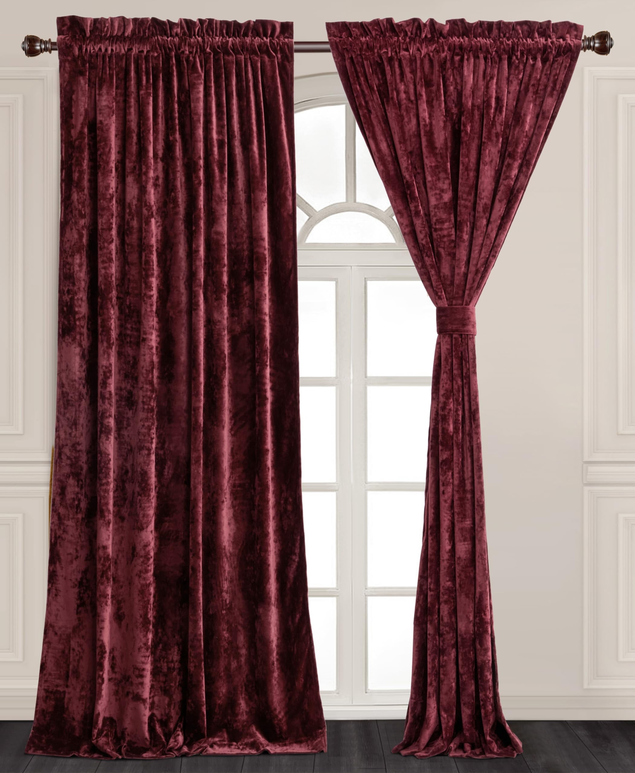 Chezmoi Collection Lux Burgundy Red Crushed Velvet Curtains 2 Panel Set, Room Darkening Luxury Distressed Velvet Rod Pocket Window Drapes for Living Room Bedroom 50" W x 96" L