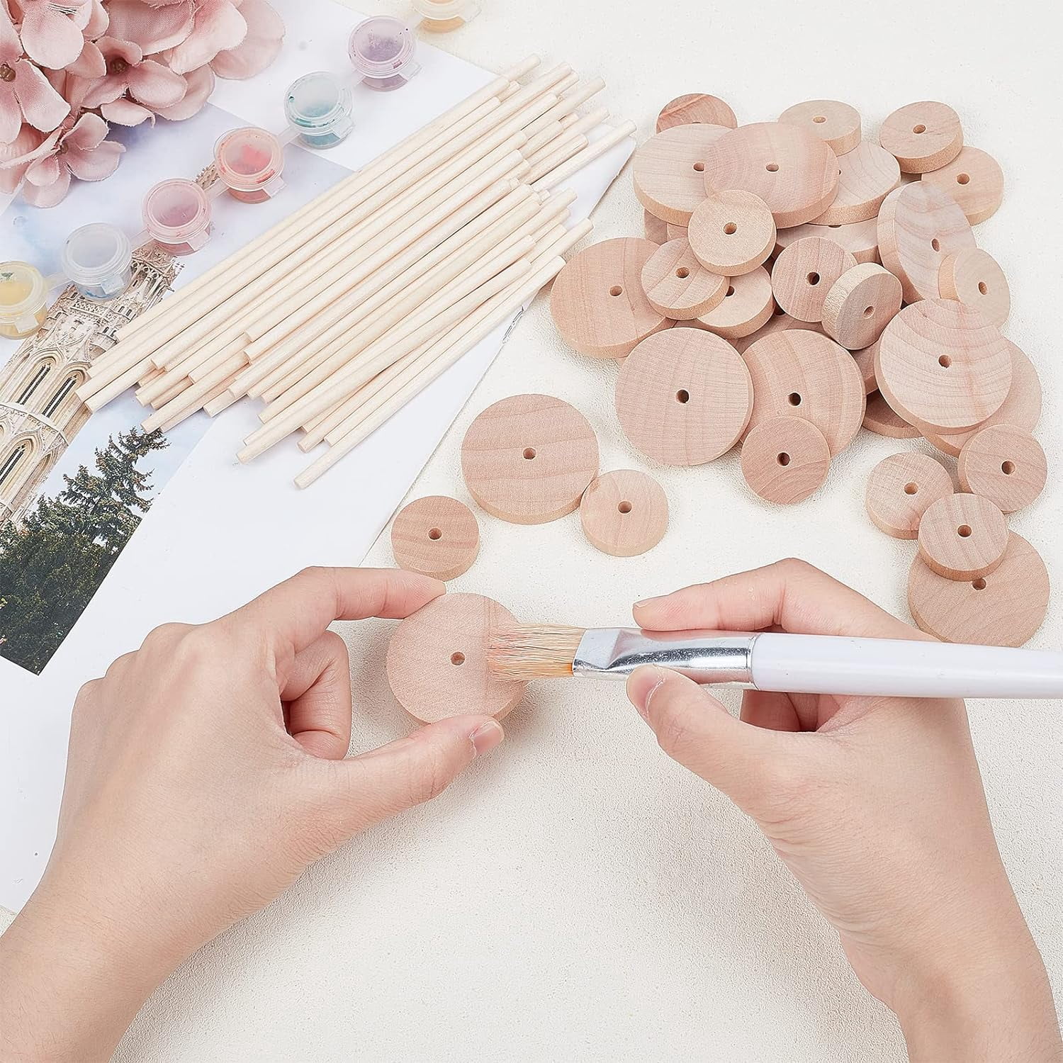 108pcs Unfinshed Wood Wheels with Wooden Sticks for DIY Crafts Painting