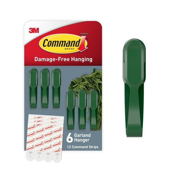 Command Garland Holders, Holds 2 lbs, Green, Holiday Décor, Wreaths, Damage-Free, 6 Hooks, 12 Adhesive Strips